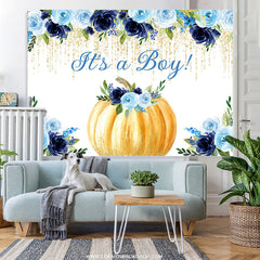 Lofaris Blue Floral Gold Glitter Pumpkin Baby Shower Backdrop