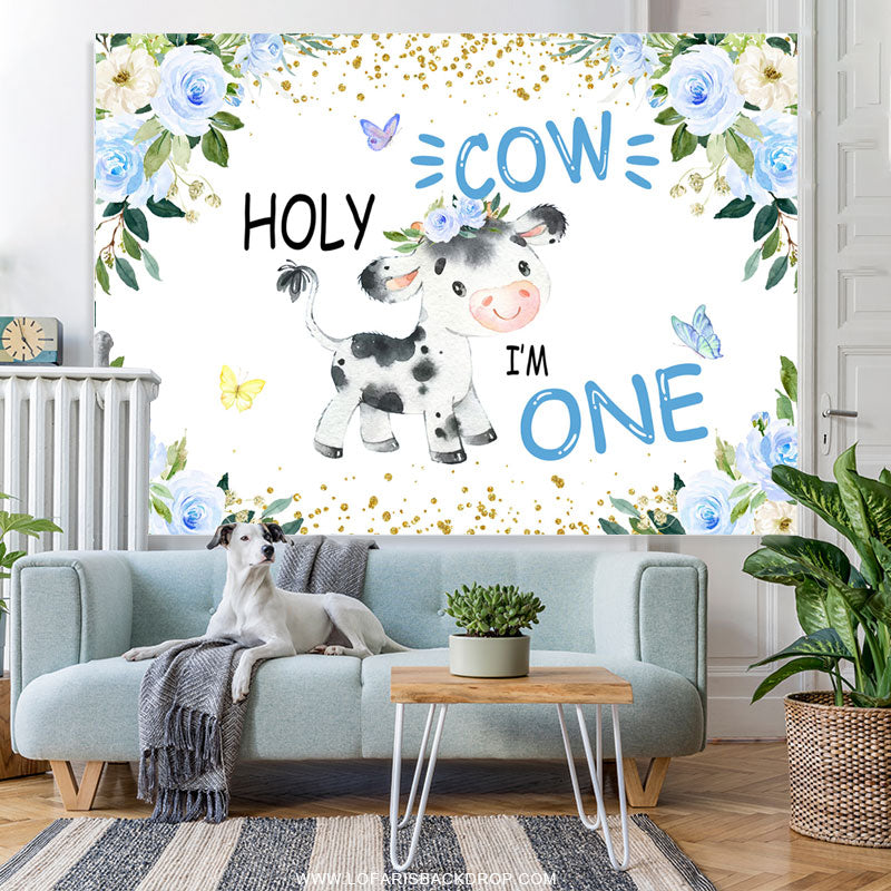 Lofaris Blue Floral Holy Cow Happy 1St Birthday Backdrop