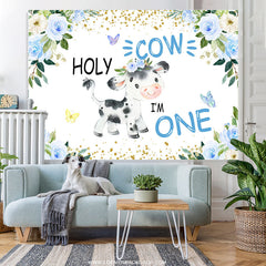 Lofaris Blue Floral Holy Cow Happy 1St Birthday Backdrop
