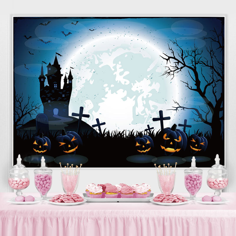 Lofaris Blue Full Moon Pimpkin Cemetery Castle Spooky Halloween Backdrop