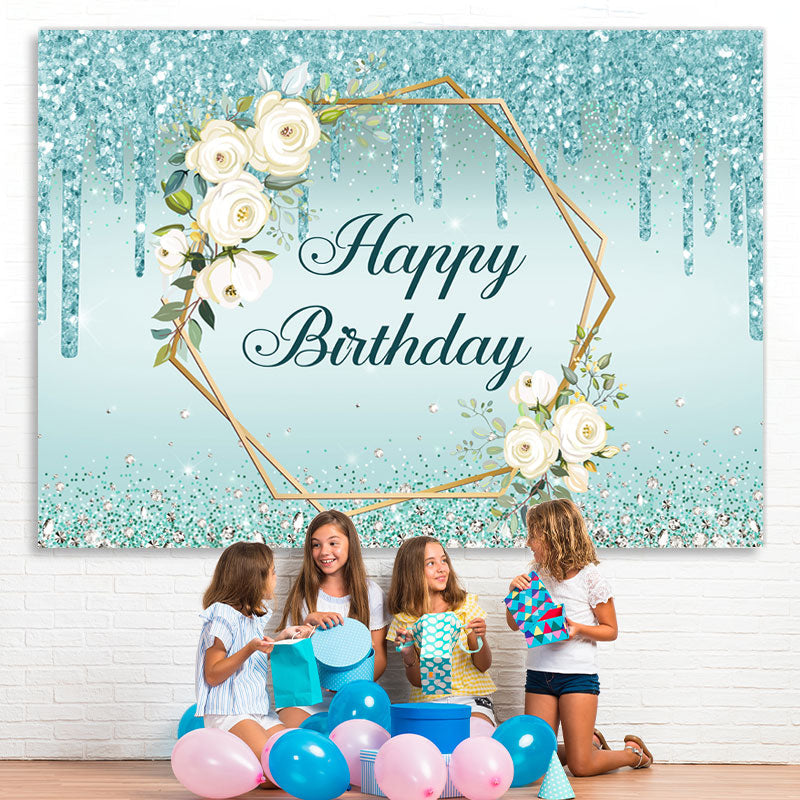 Lofaris Blue Glitter And Floral Happy Birthday Party Backdrop