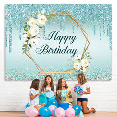 Lofaris Blue Glitter And Floral Happy Birthday Party Backdrop