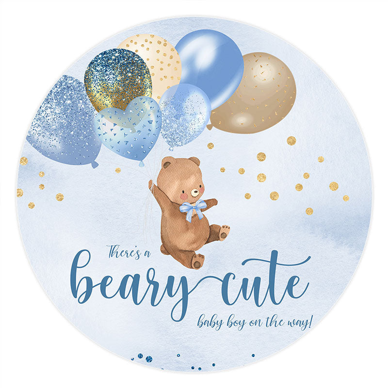 Lofaris Blue Glitter Balloons Bear Round Baby Shower Backdrop