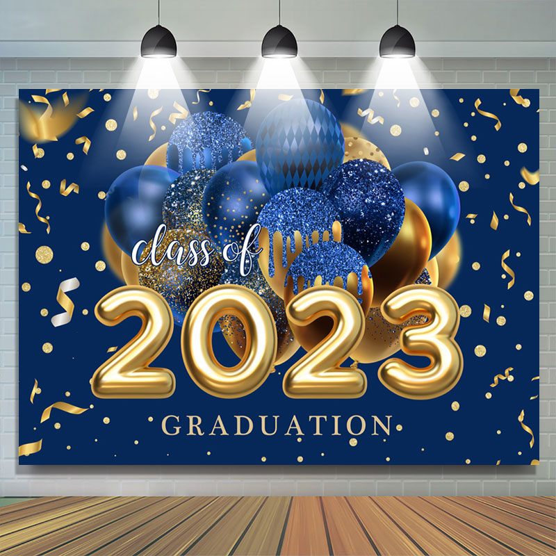 Lofaris Blue Golden Ribbon Glitter Balloon Graduation Backdrop