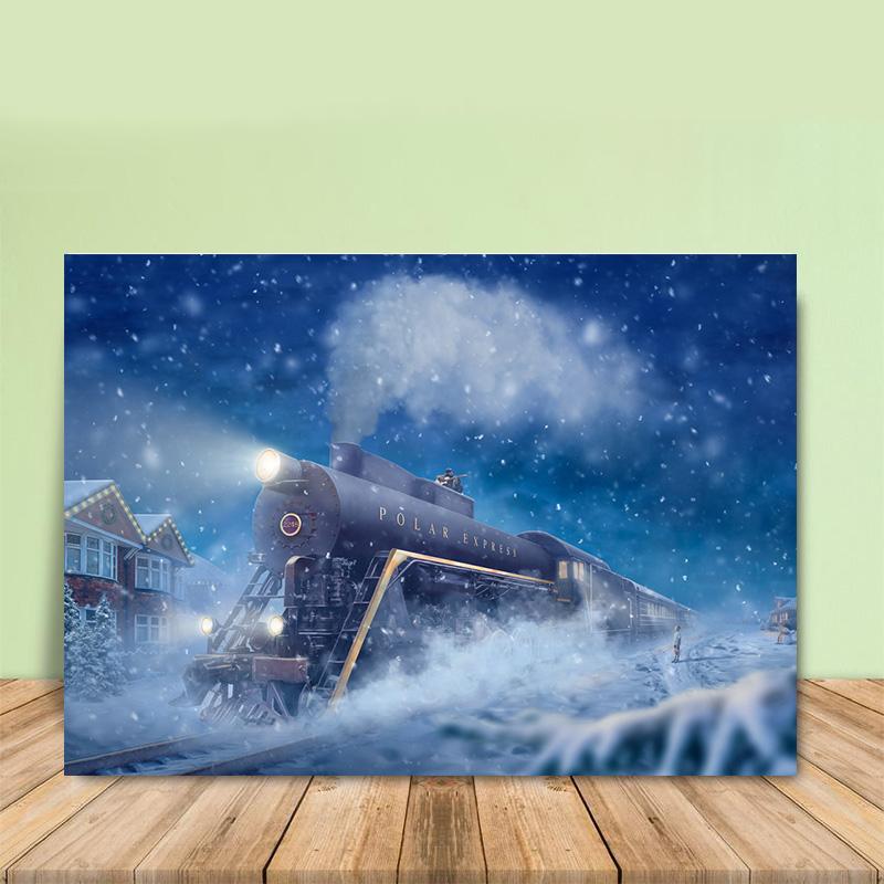 Lofaris Blue Moving Train Snow Night Winter Backdrop for Party