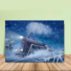 Lofaris Blue Moving Train Snow Night Winter Backdrop for Party