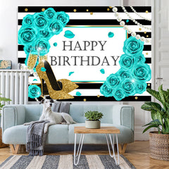Lofaris Blue Rose Glitter High-Heels Happy Birthday Backdrop