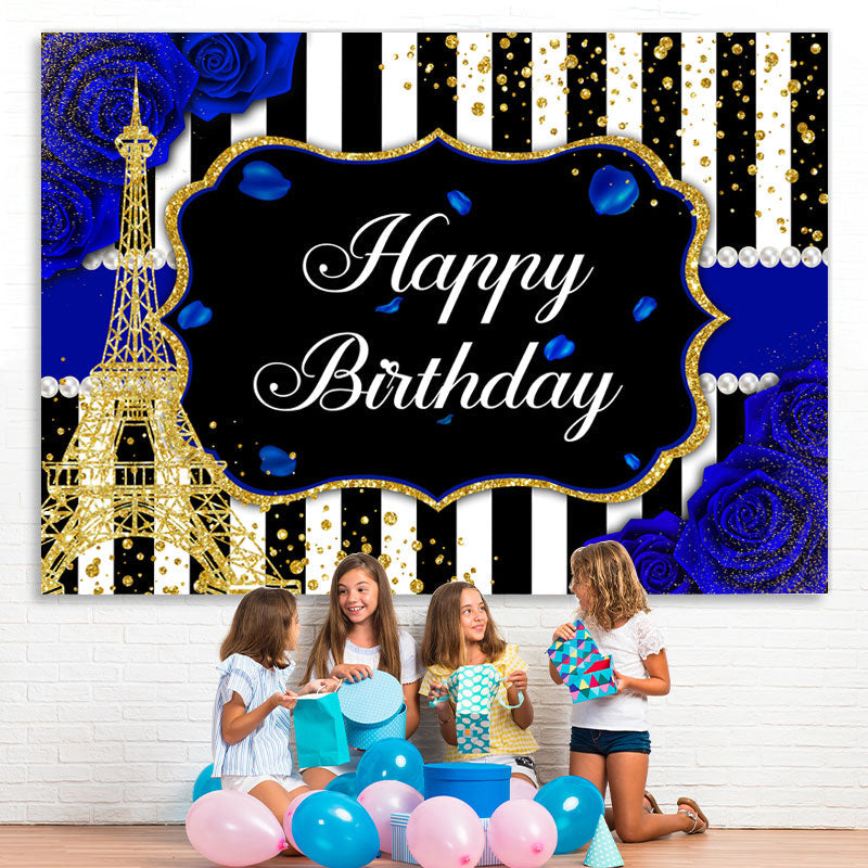 Lofaris Blue Roses and A Gold Eiffel Tower Birthday Backdrop