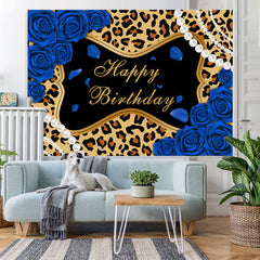 Lofaris Blue Roses Leopard Glitter Happy Birthday Backdrop
