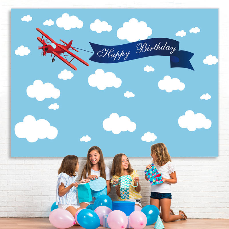 Lofaris Blue Sky and Cloud Red Plane Happy Birthday Backdrop