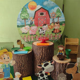 Lofaris Blue Sky And Farm House Round Animals Birthday Backdorp