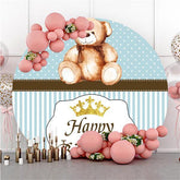 Lofaris Blue Stripe And Teddy Bear Crown Round Birthday Backdrop