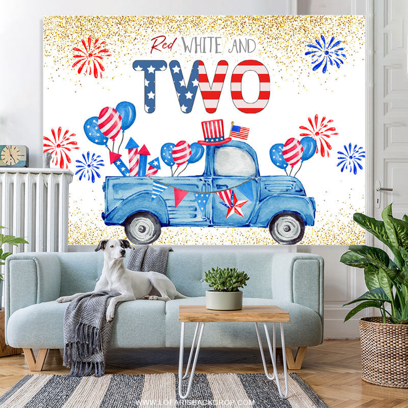 Lofaris Blue Truck Gold Glitter Independence 2nd Birthday Backdrop