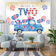 Lofaris Blue Truck Gold Glitter Independence 2nd Birthday Backdrop