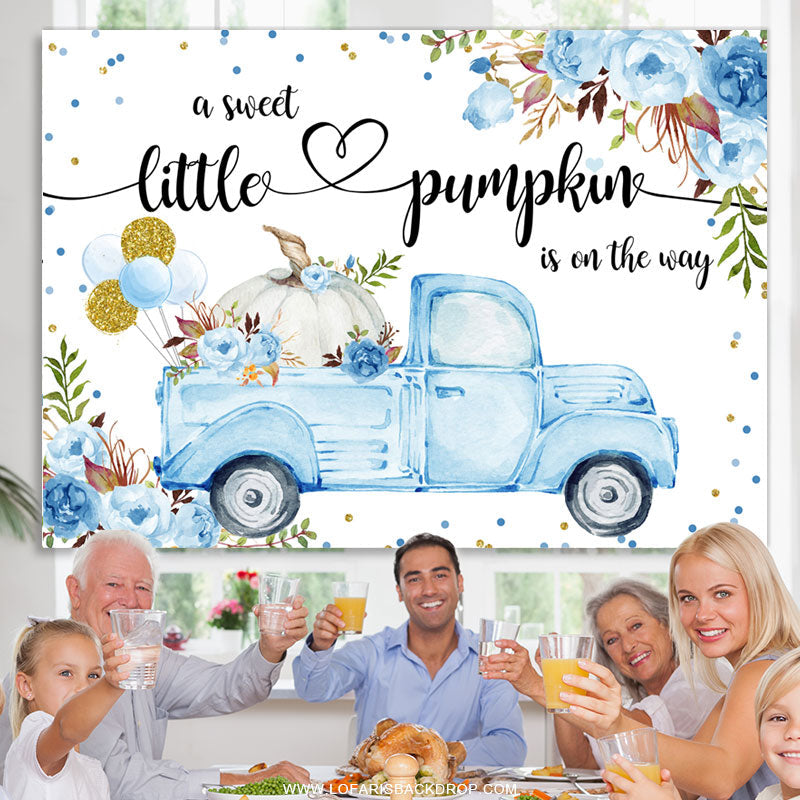 Lofaris Blue Truck With Pumpkin Balloon Baby Shower Backdrop