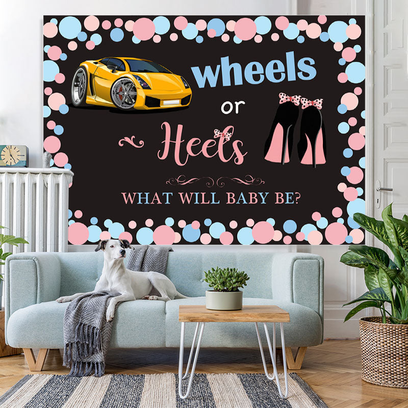 Lofaris Blue Wheels Or Pink Heels Black Baby Shower Backdrop