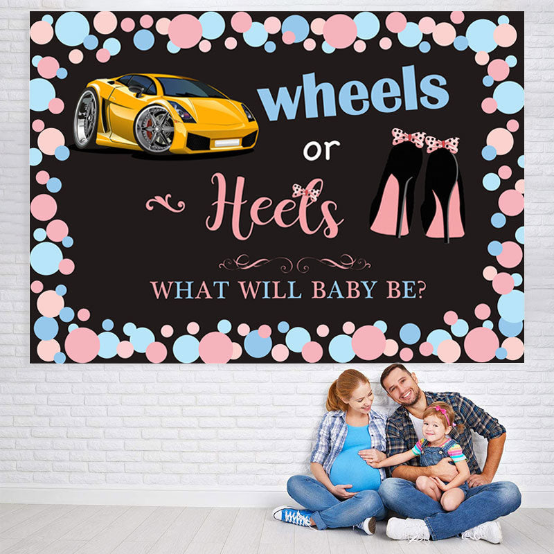 Lofaris Blue Wheels Or Pink Heels Black Baby Shower Backdrop