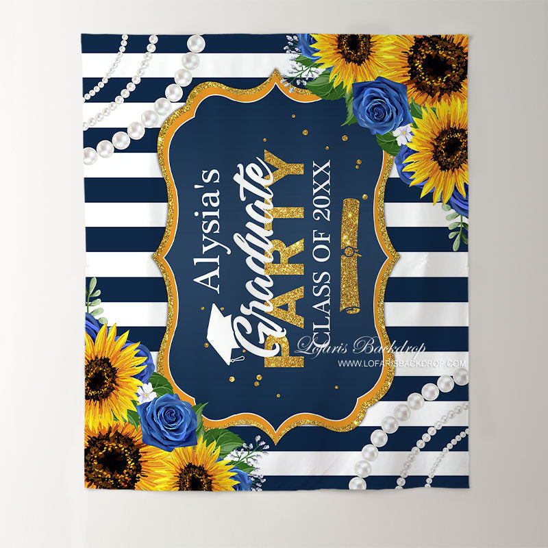 Lofaris Blue White Stripe With Sunflower Graduation Backdrop