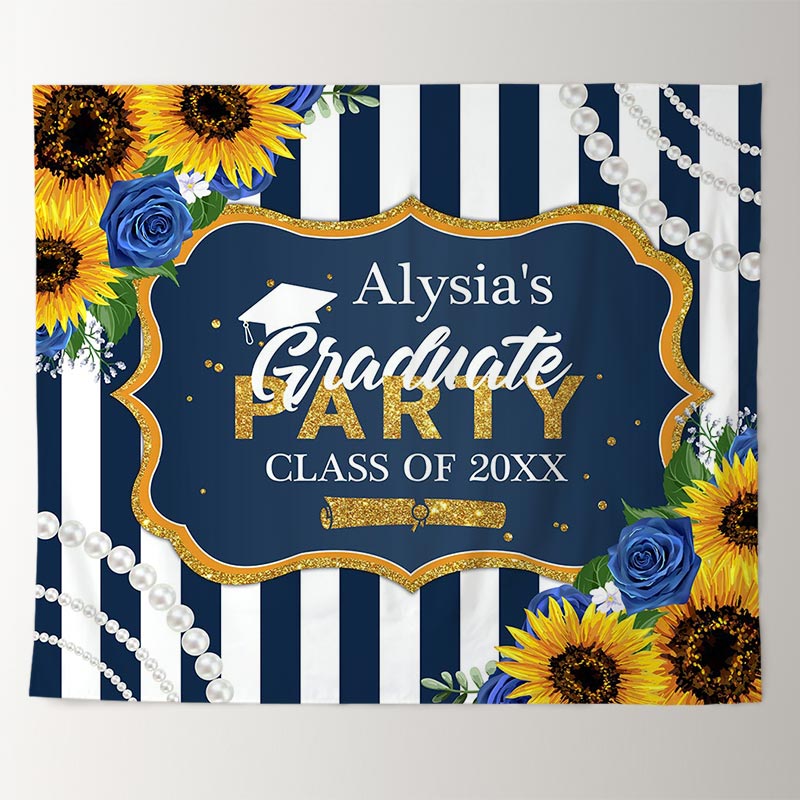 Lofaris Blue White Stripe With Sunflower Graduation Backdrop