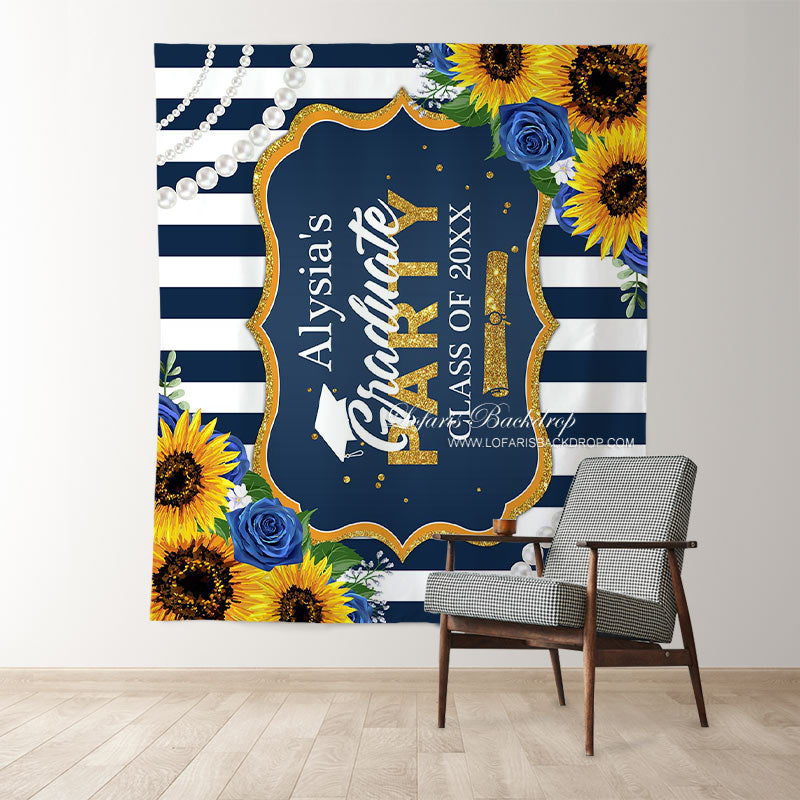 Lofaris Blue White Stripe With Sunflower Graduation Backdrop