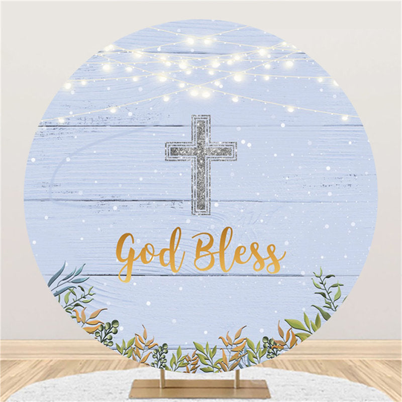 Lofaris Blue Wood Silver Glitter God Bless Baby Shower Backdrop