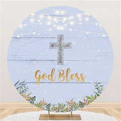 Lofaris Blue Wood Silver Glitter God Bless Baby Shower Backdrop
