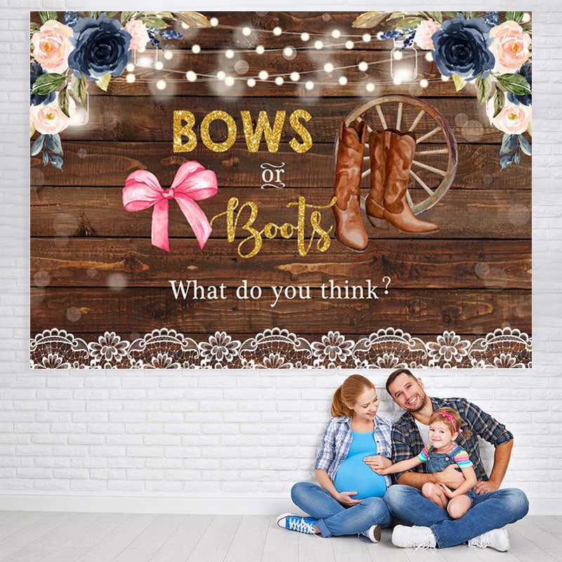 Lofaris Bows Or Boots Floral Rustic Wood Baby Shower Backdrop