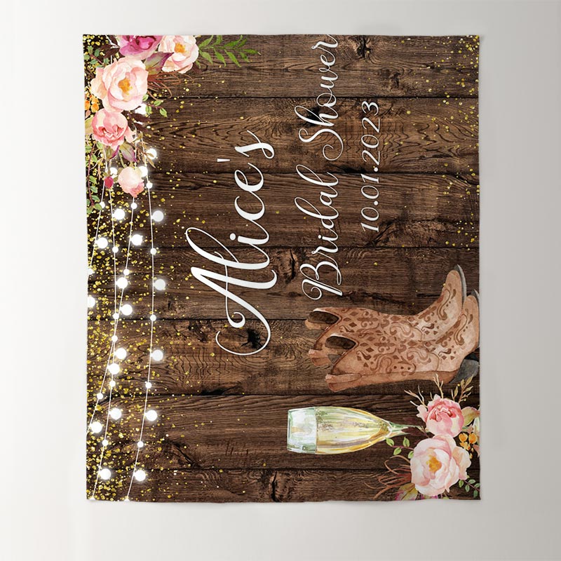 Lofaris Brown Wood Boots And Bubbly Bridal Shower Backdrop