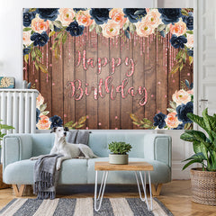 Lofaris Brown wood Flower Glitter Pink Happy Birthday Backdorp
