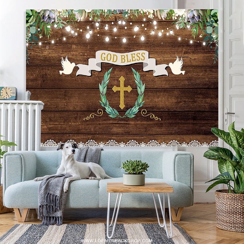 Lofaris Brown Wood Green Leaves God Bless Baby Shower Backdrop