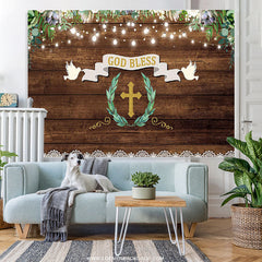 Lofaris Brown Wood Green Leaves God Bless Baby Shower Backdrop