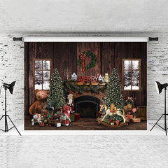 Lofaris Brown Wood House And Teddy Bear Merry Chrismas Backdorp