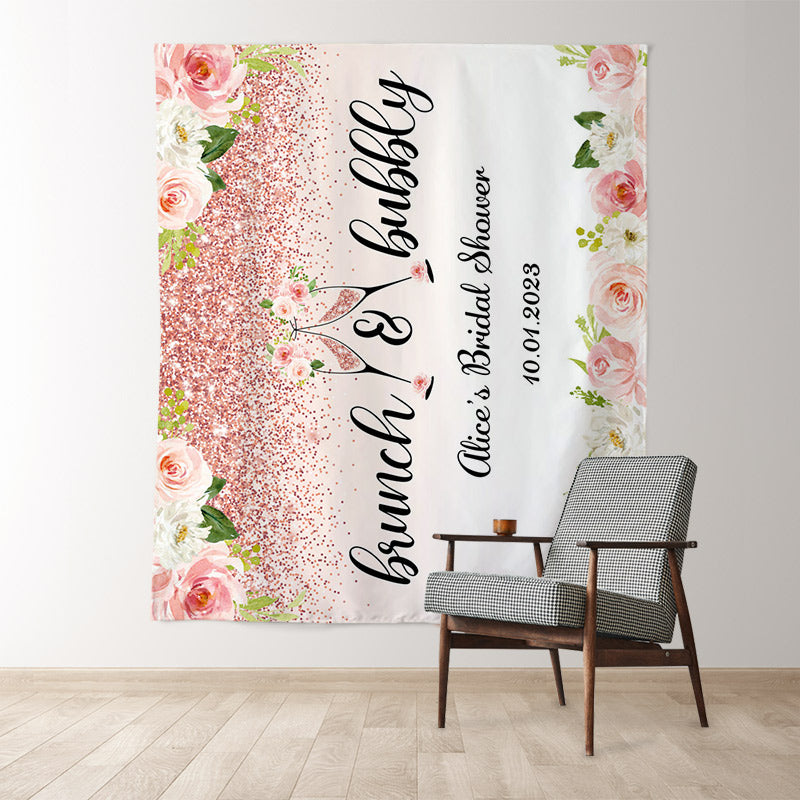 Lofaris Brunch And Bubbly Pink Floral Glitter Bridal Backdrop