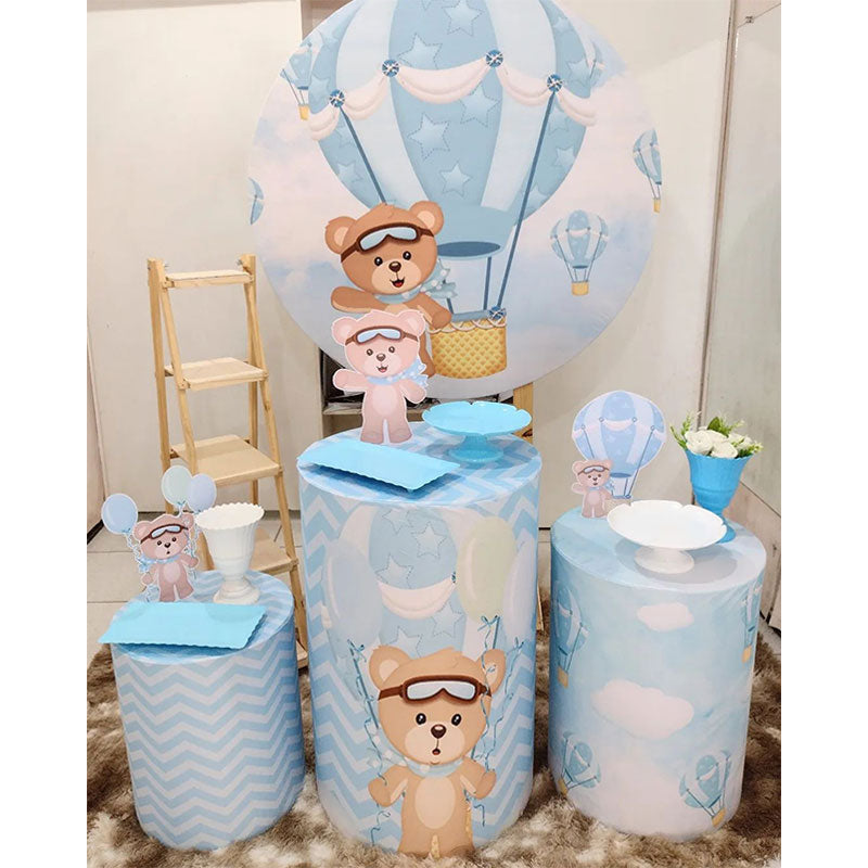 Lofaris Bule Hot Air Balloon Teddy Baby Shower Round Backdrop Kit