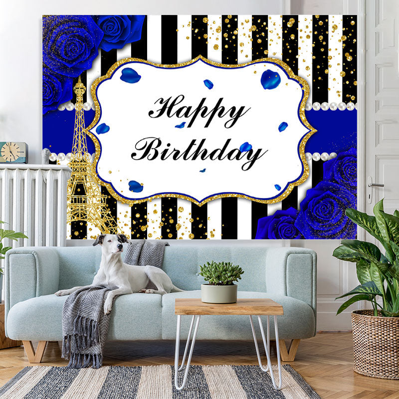 Lofaris Bule Roses Black and White Stripes Birthday Backdrop
