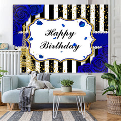 Lofaris Bule Roses Black and White Stripes Birthday Backdrop