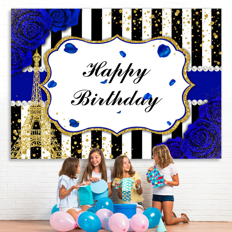 Lofaris Bule Roses Black and White Stripes Birthday Backdrop