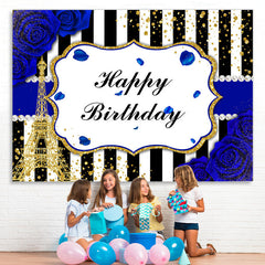 Lofaris Bule Roses Black and White Stripes Birthday Backdrop