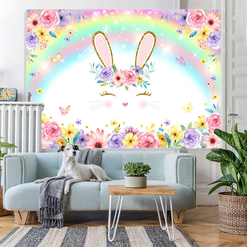 Lofaris Bunny And Colored Rainbow Floral Baby Shower Backdrop