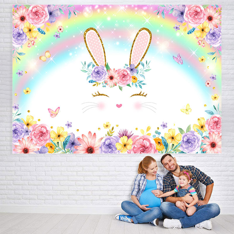 Lofaris Bunny And Colored Rainbow Floral Baby Shower Backdrop