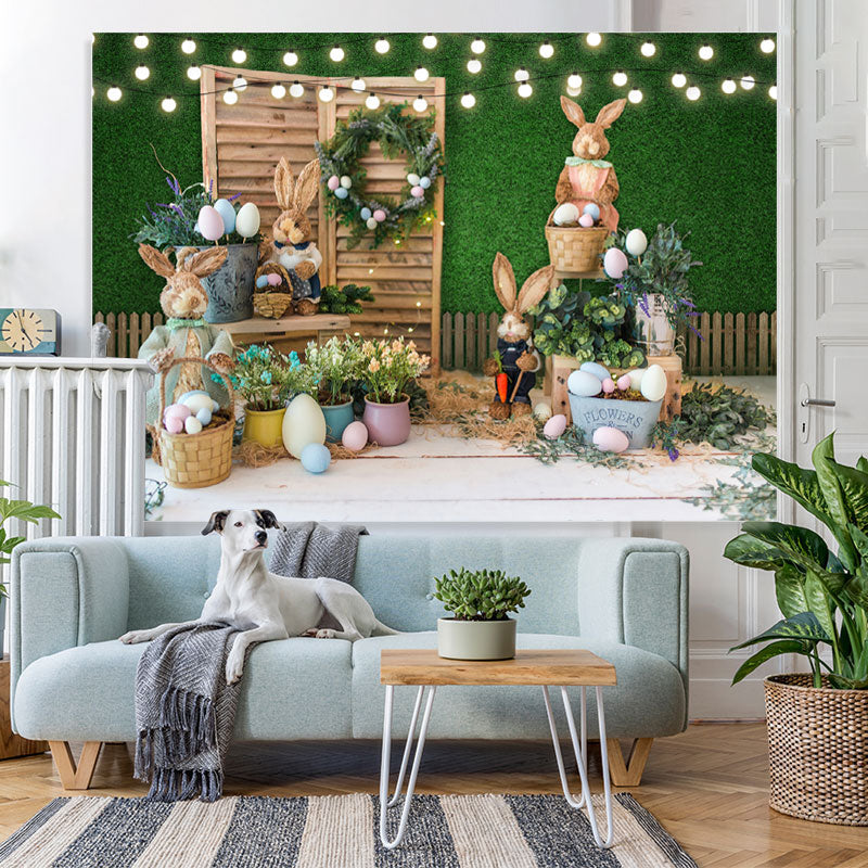 Lofaris Bunny And Green Leaves With Wooden Door Backdrop