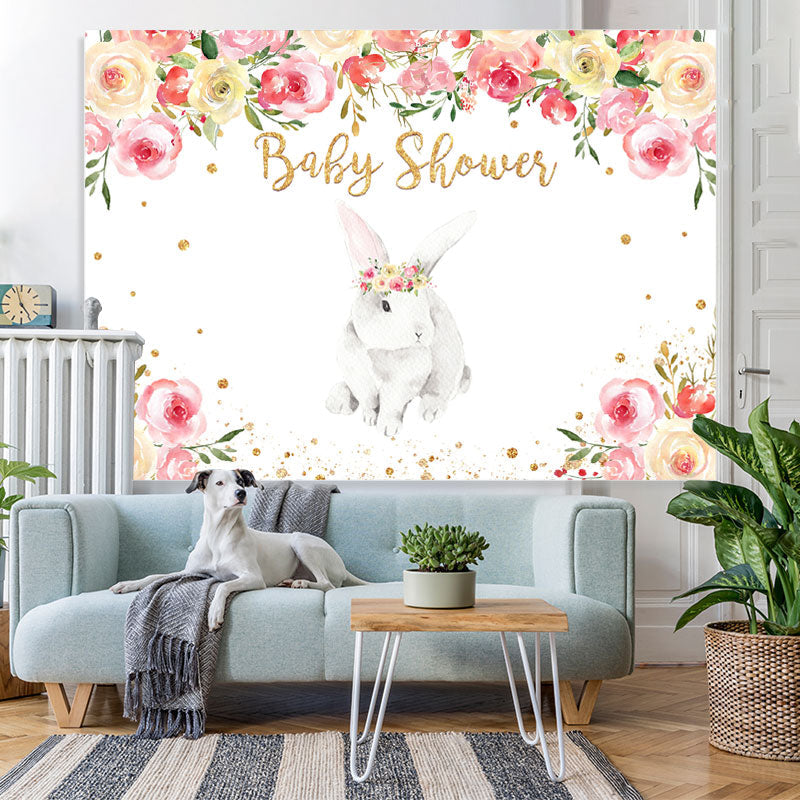 Lofaris Bunny And Pink With White Floral Baby Shower Backdrop