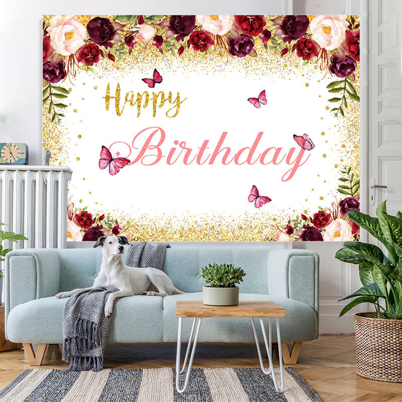 Lofaris Burgundy And Gold Floral Butterfuly Birthday Backdrop