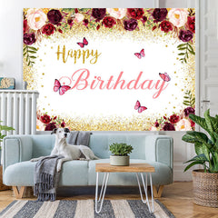 Lofaris Burgundy And Gold Floral Butterfuly Birthday Backdrop