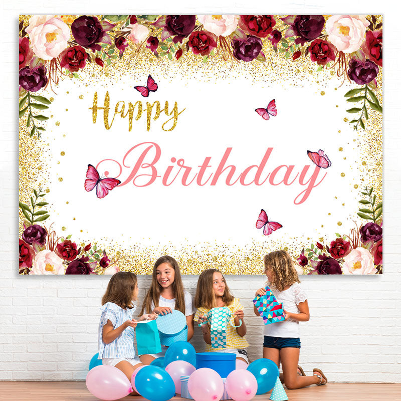 Lofaris Burgundy And Gold Floral Butterfuly Birthday Backdrop
