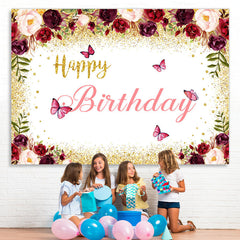 Lofaris Burgundy And Gold Floral Butterfuly Birthday Backdrop