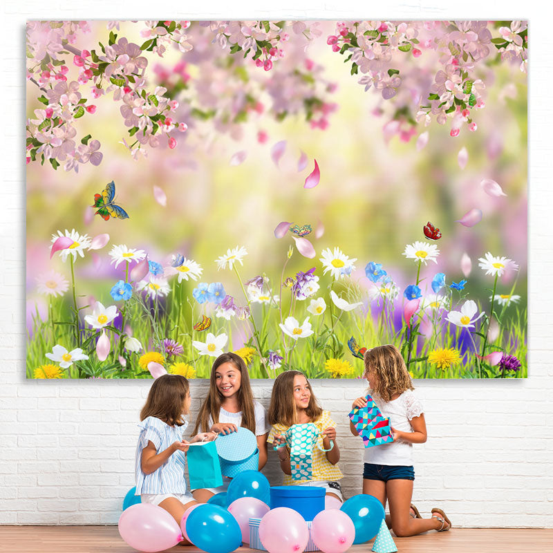 Lofaris Butterfly And Green Grassland Spring Theme Backdrop