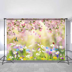 Lofaris Butterfly And Green Grassland Spring Theme Backdrop