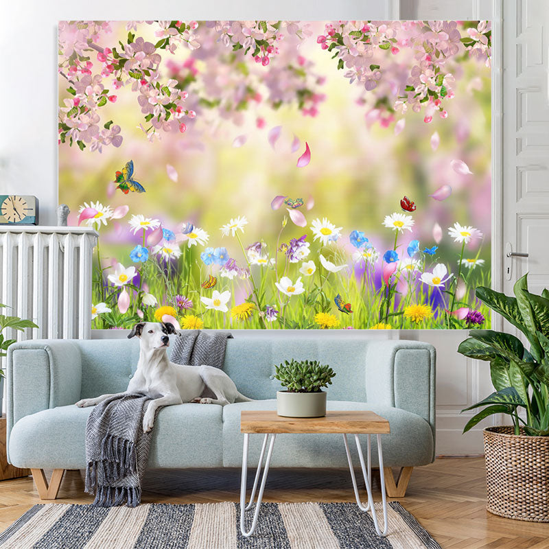 Lofaris Butterfly And Green Grassland Spring Theme Backdrop