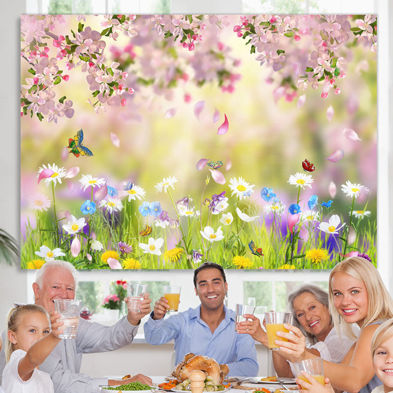 Lofaris Butterfly And Green Grassland Spring Theme Backdrop